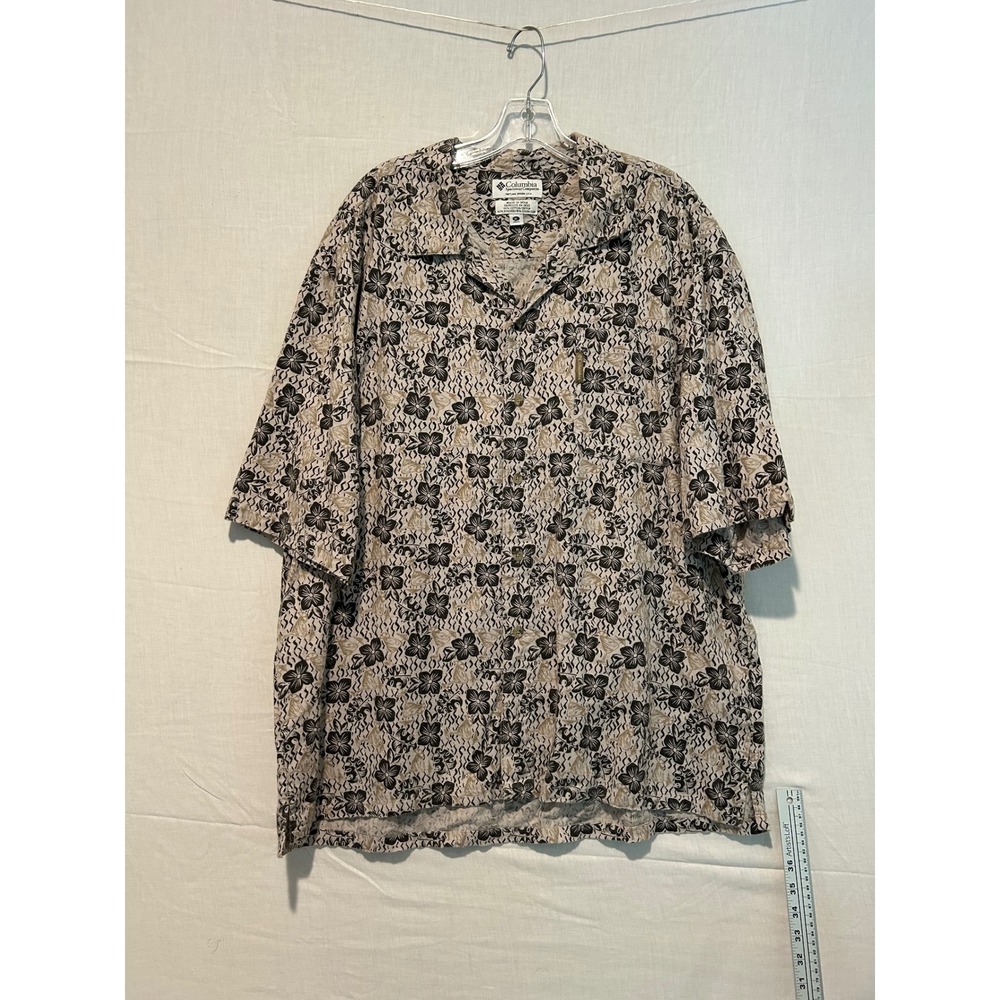 Columbia Mens XL Floral Camp Shirt Tan Black Linen Blend Tropical AM7916‎
